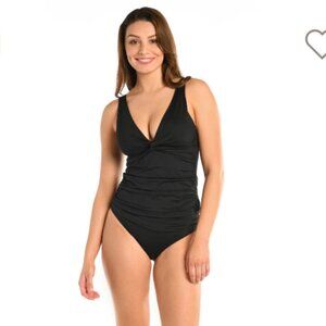 La Blanca Island Goddess Ruched Tummy Control Twist Tie Back Tankini Top Size 8